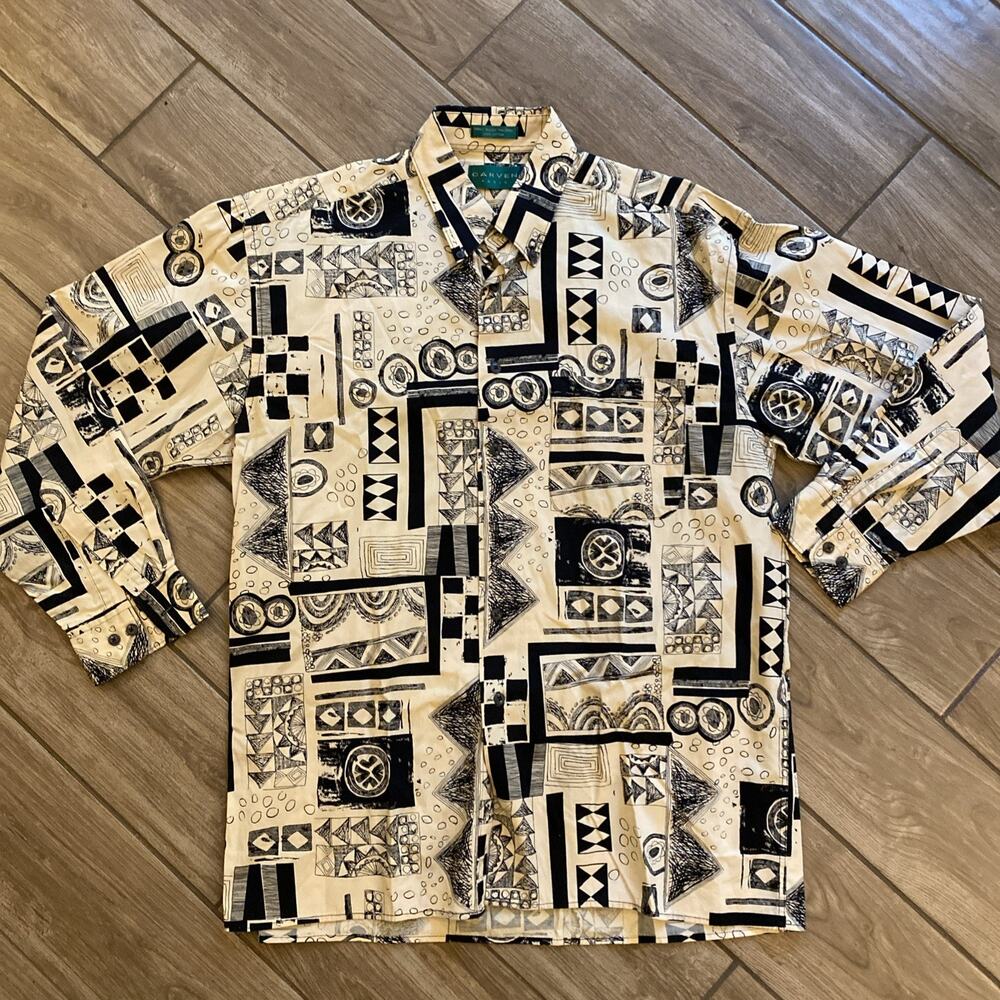 Vintage Carven Paris Abstract Geometric Print Button-Up Shirt Rare Designer